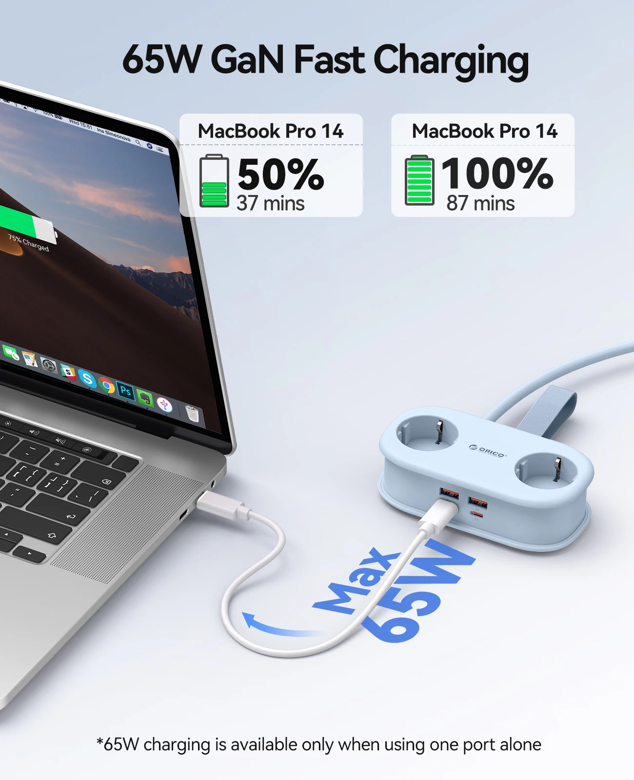 ORICO Cable-Wrap Portable Travel Power Strip 65W GaN Fast Charging Station with 2 AC Outlets 2 USB 2 Type-C EU Plug Adapter Home