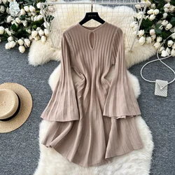 Vintage O-Neck Basics Long Flare Sleeve Chic Hollow Out Slim Knit A-line Dress French Evening Women High Street Autumn Clothing