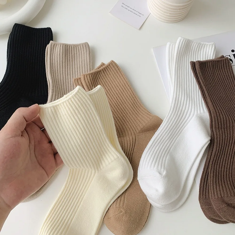 6Pcs Autumn Winter Women's Socks Maillard Stacking Socks Solid Color Vertical Striped Medium Tube Socks Versatile Casual Hosiery
