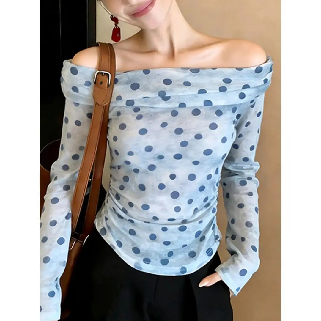 Polka Dot Chic Long Sleeved T-shirt For Women Off Shoulder Spicy Girl Y2k Style Mesh Top