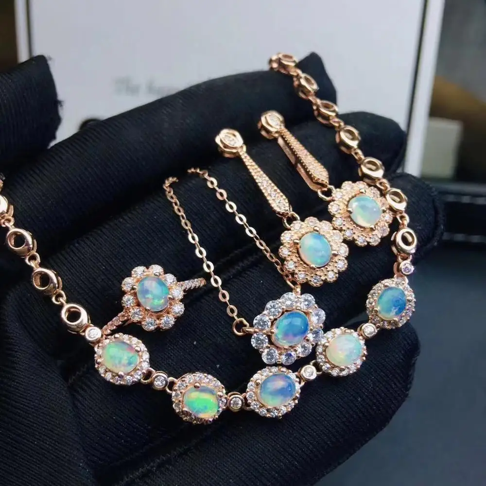 

925 Sterling Silver Inlaid Natural Opal Bracelet Necklace Ring Earrings Women's Set Support Detection