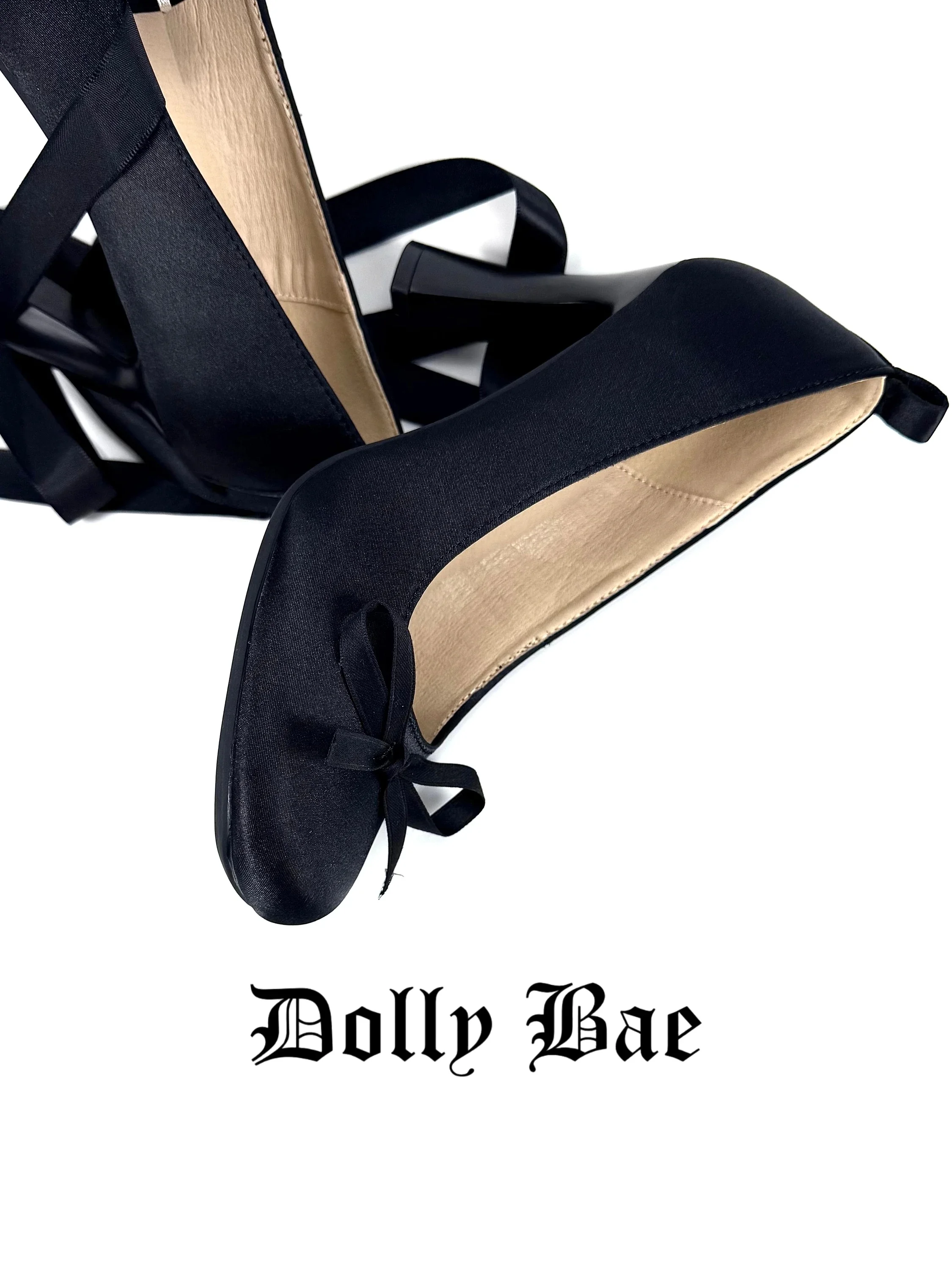 Black Satin High Heels Lolita Bow Knot Tie Shoes 9cm High Mary Janes Fashionable Ballet Flats Comfortable round Toe Casual Style