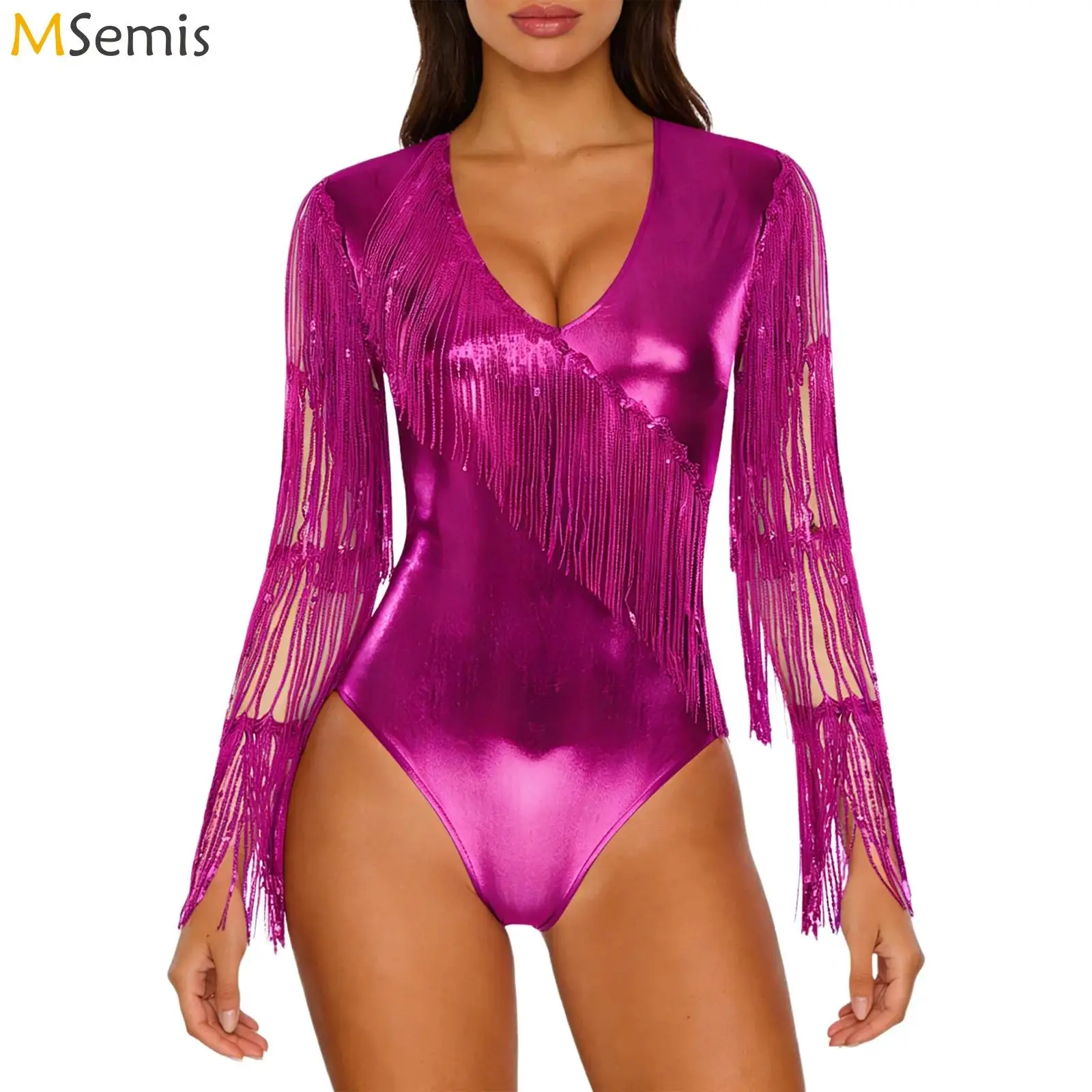 

Женский металлический блестящий комбинезон для джазовых танцев с многослойными пайетками и бахромой, длинными рукавами, костюм для выступлений в стиле хип-хоп