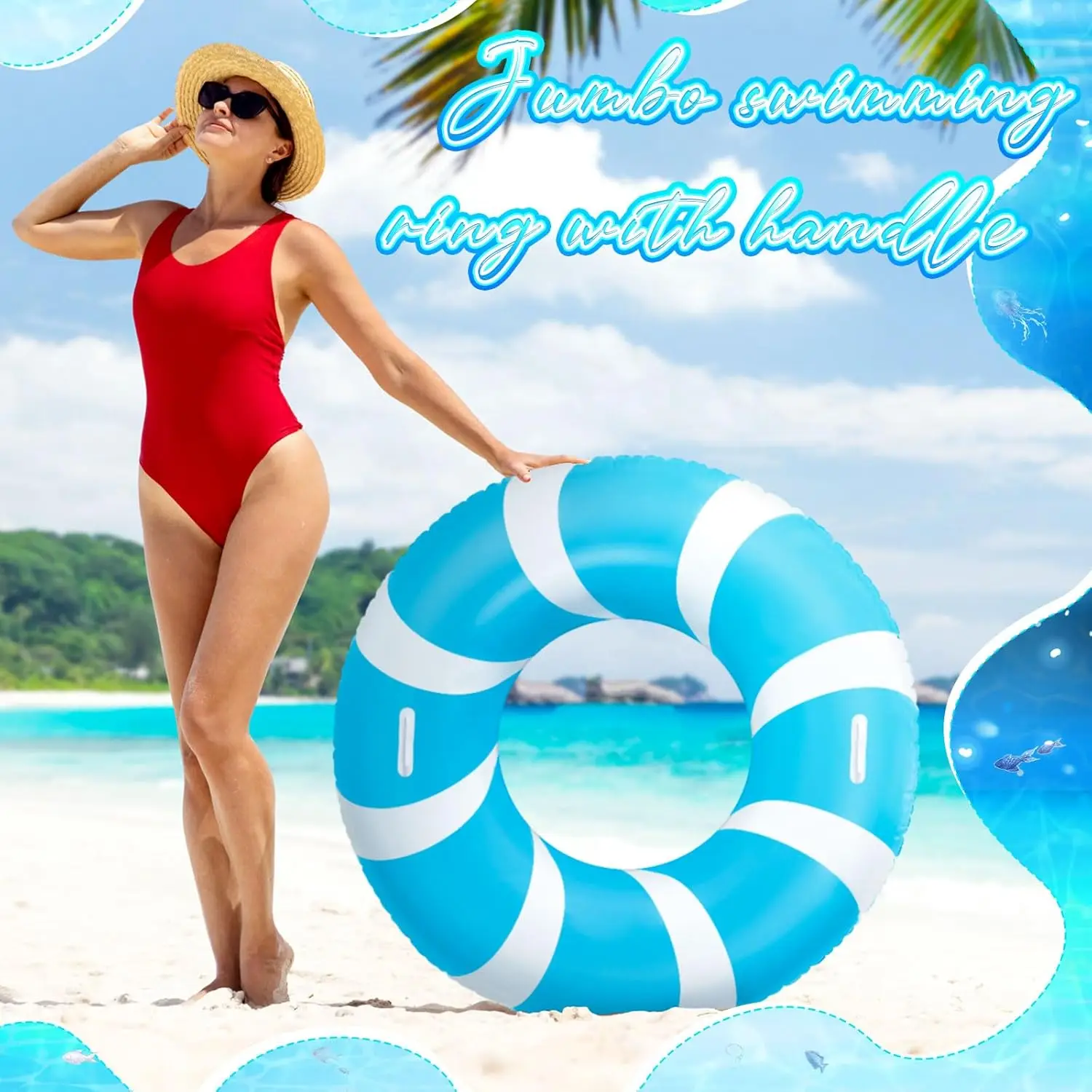 3 stuks jumbo blauwe zwemring met handgrepen 47,24 inch opblaasbaar zwembad vlotterbuis klassieke gestreepte opblaasbare zwembadring voor