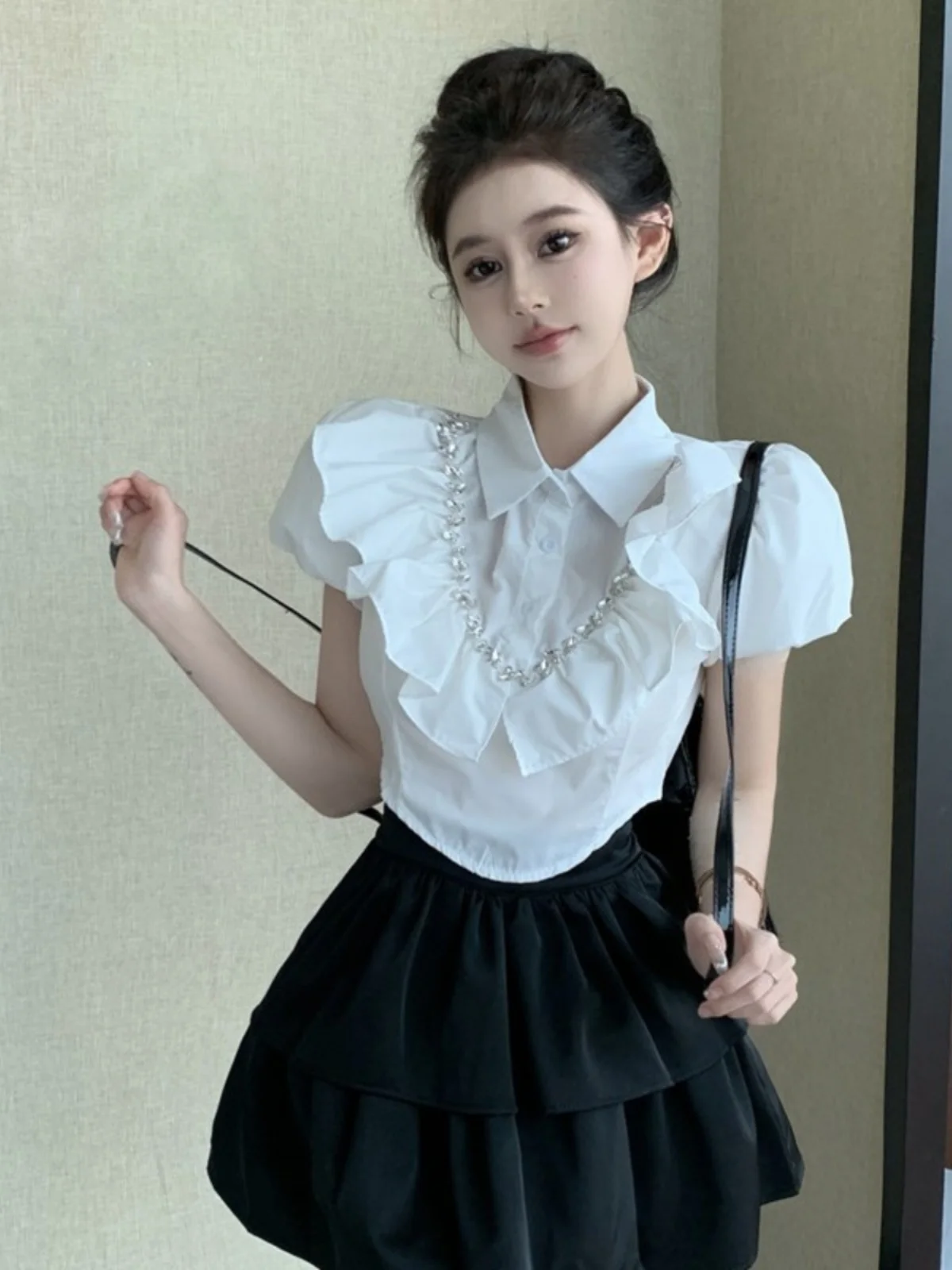 Ele White ort Bubble Sve Collare da donna irt Nicole Rose Brand Commute Sle Colore puro Bottone singolo Multiplo...