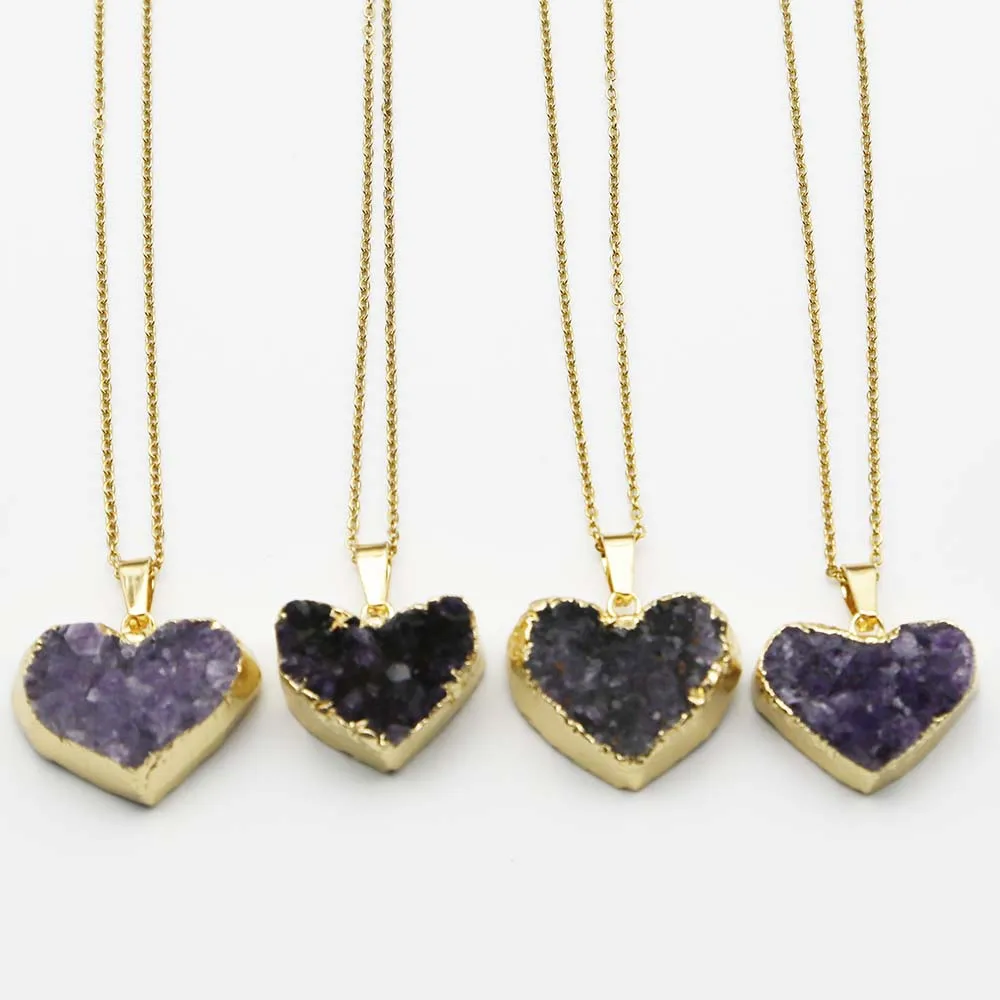 Natural Stone Amethyst Gold-edged Heart Pendant Stainless Steel Gold Chain Necklace Charm DIY Jewelry Accessories Wholesale 4Pcs