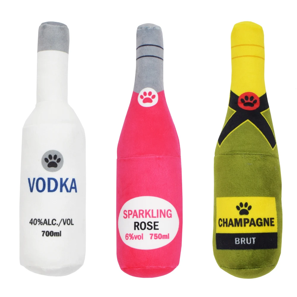 Imagem -04 - Brinquedos Cocktail Vodka Garrafa de Vinho Animal de Estimação Brinquedo de Pelúcia Enchido Champanhe Forma de Alimentos Brinquedo Squeaky Mordida-resistente Suprimentos para Animais de Estimação