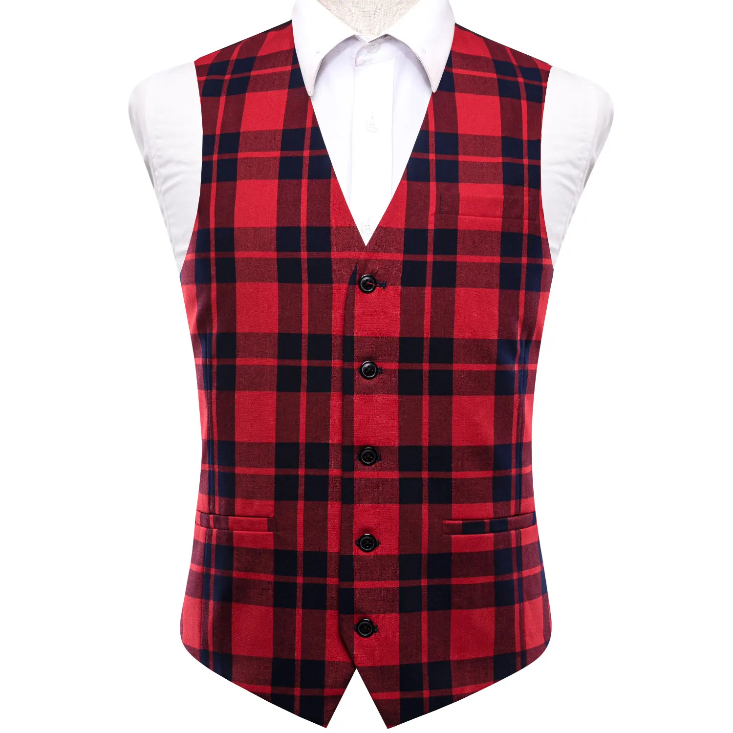 

Hi-Tie Red Multi Viscose Mens Vest Jacquard Check Waistcoat Sleeveless Jacket for Male Wedding Business Casual High Quality Gift