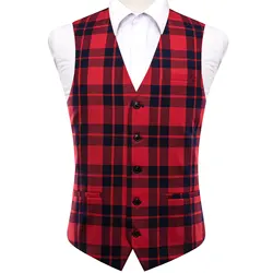 Hi-Tie Red Multi Viscose Mens Vest Jacquard Check Waistcoat Sleeveless Jacket for Male Wedding Business Casual High Quality Gift