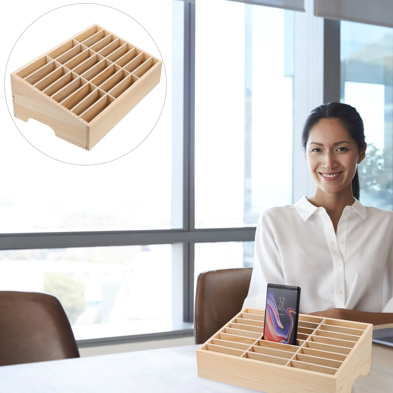 

Mobile Phone Storage Box Bins with Lids Cell Holder Case Desktop Organizer Wooden Section Covers Office