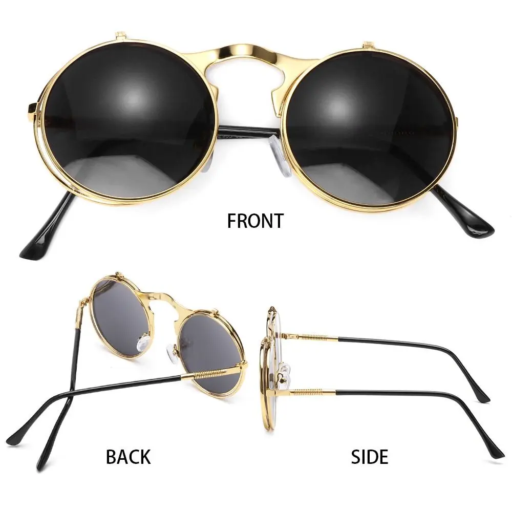 Cool Round Flip Up Sunglasses Circle UV400 Protection Steampunk Sun Glasses Costume Glasses for Women & Men