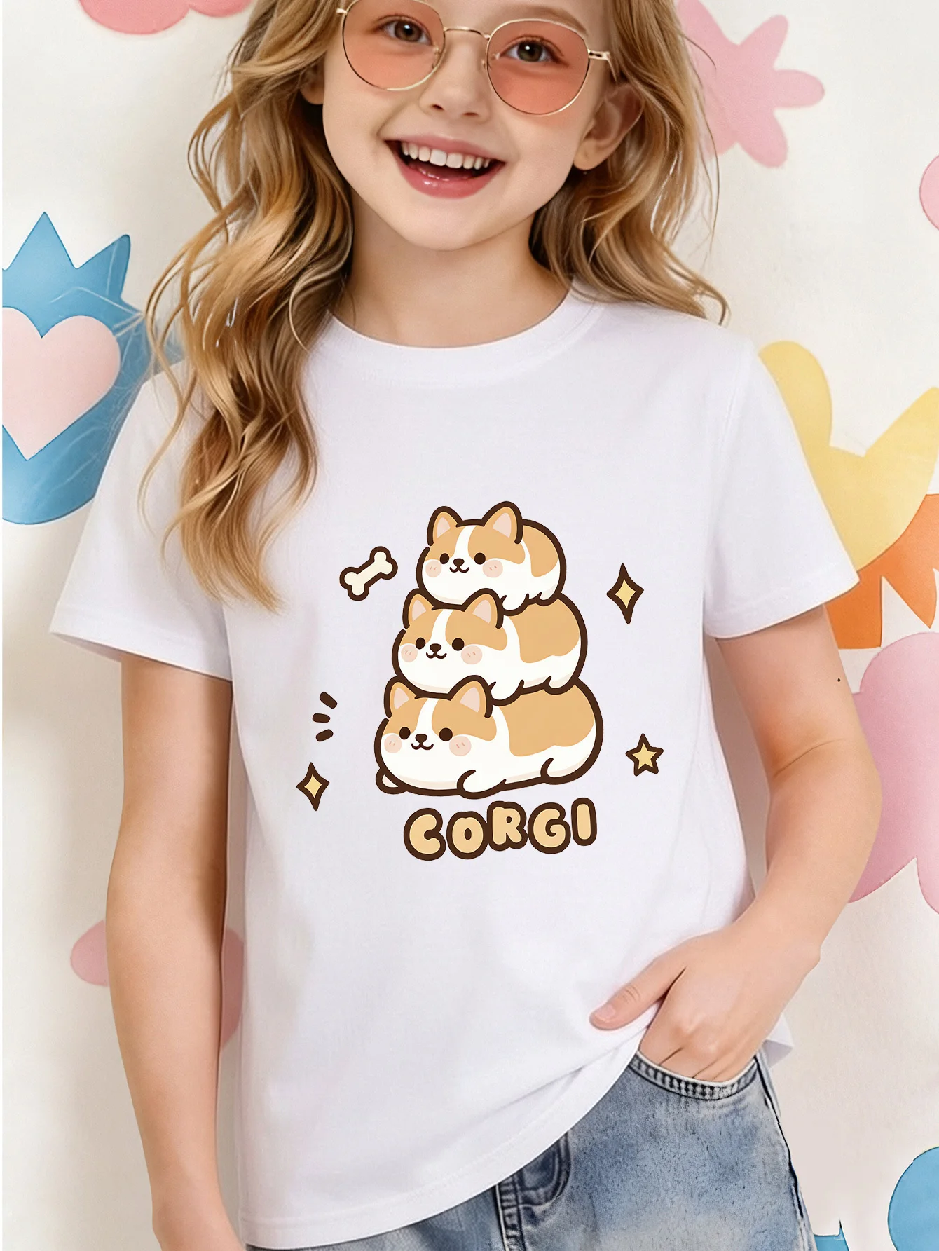 Cute Stacked Corgi Puppies Bone Star Print Kids T Shirt Boys Girls Short Sleeve Crew Neck Cotton Pet Parent Child Matching Tees