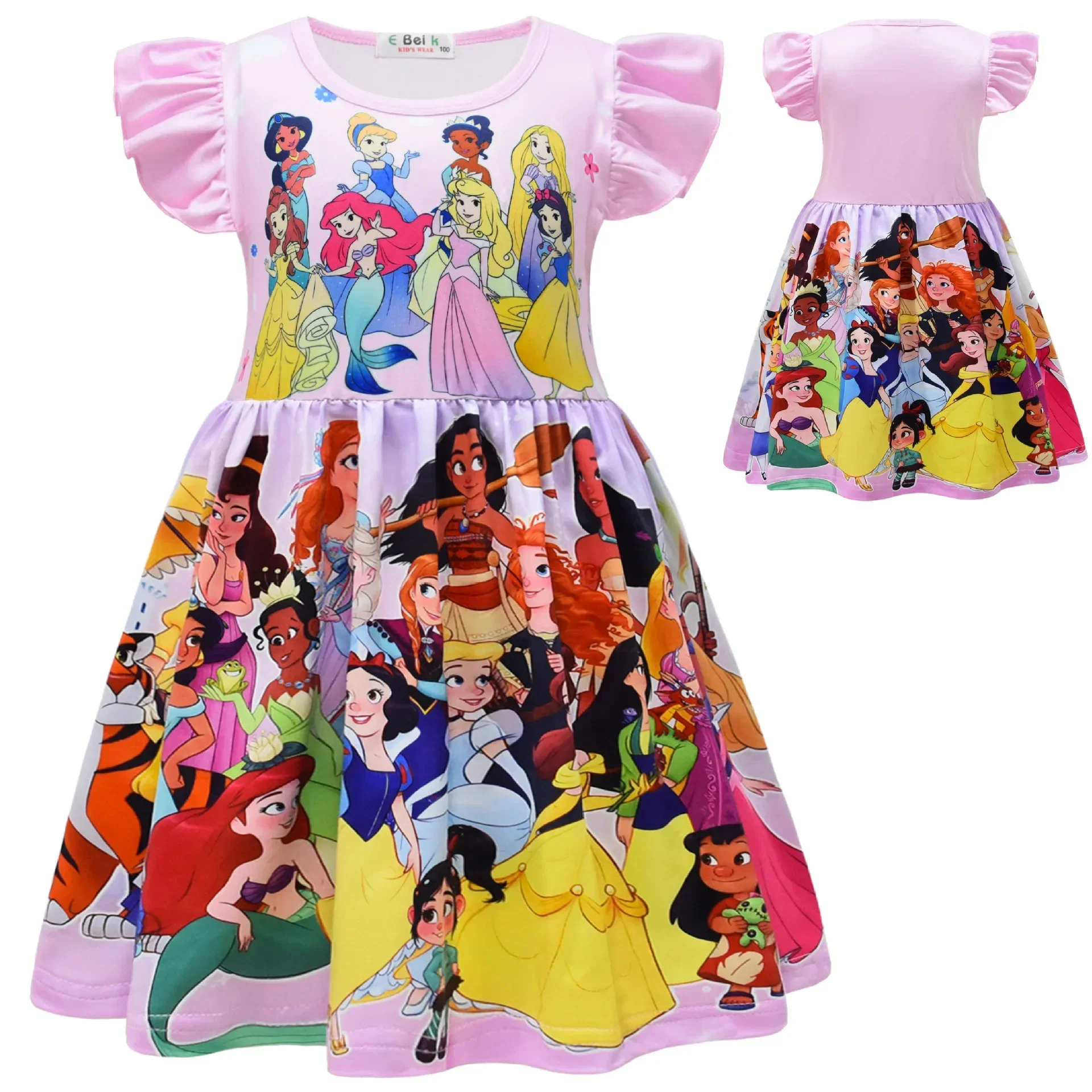 Disney Mickey Mouse Girls Dress Short Sleeve T-Shirt Cute Flying Sleeve Princess Skirt  Milk Silk Skirt