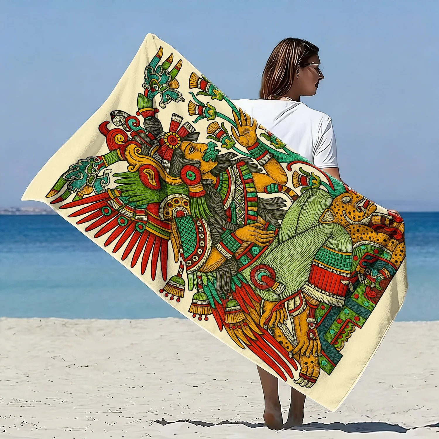 1pc, Mystical Mayan Style Character Soft Towel for Beach, Exquisite Totem Printed Pattern, Microfiber Bath Towel, And Super