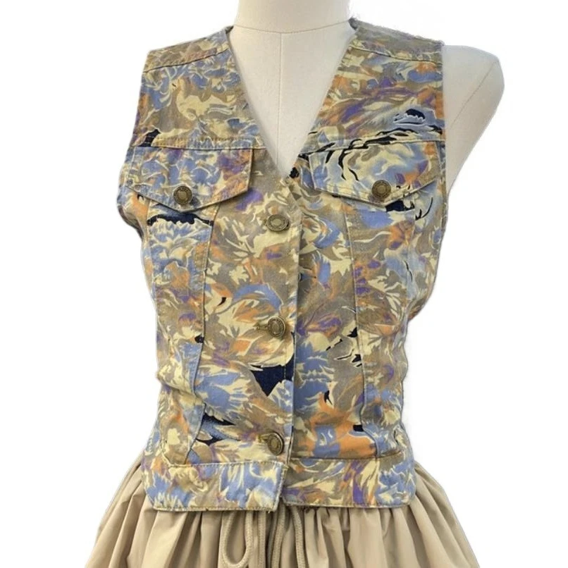 

Женский летний жилет без рукавов с v-образным вырезом и принтом в стиле ретро, повседневный шикарный многослойный топ