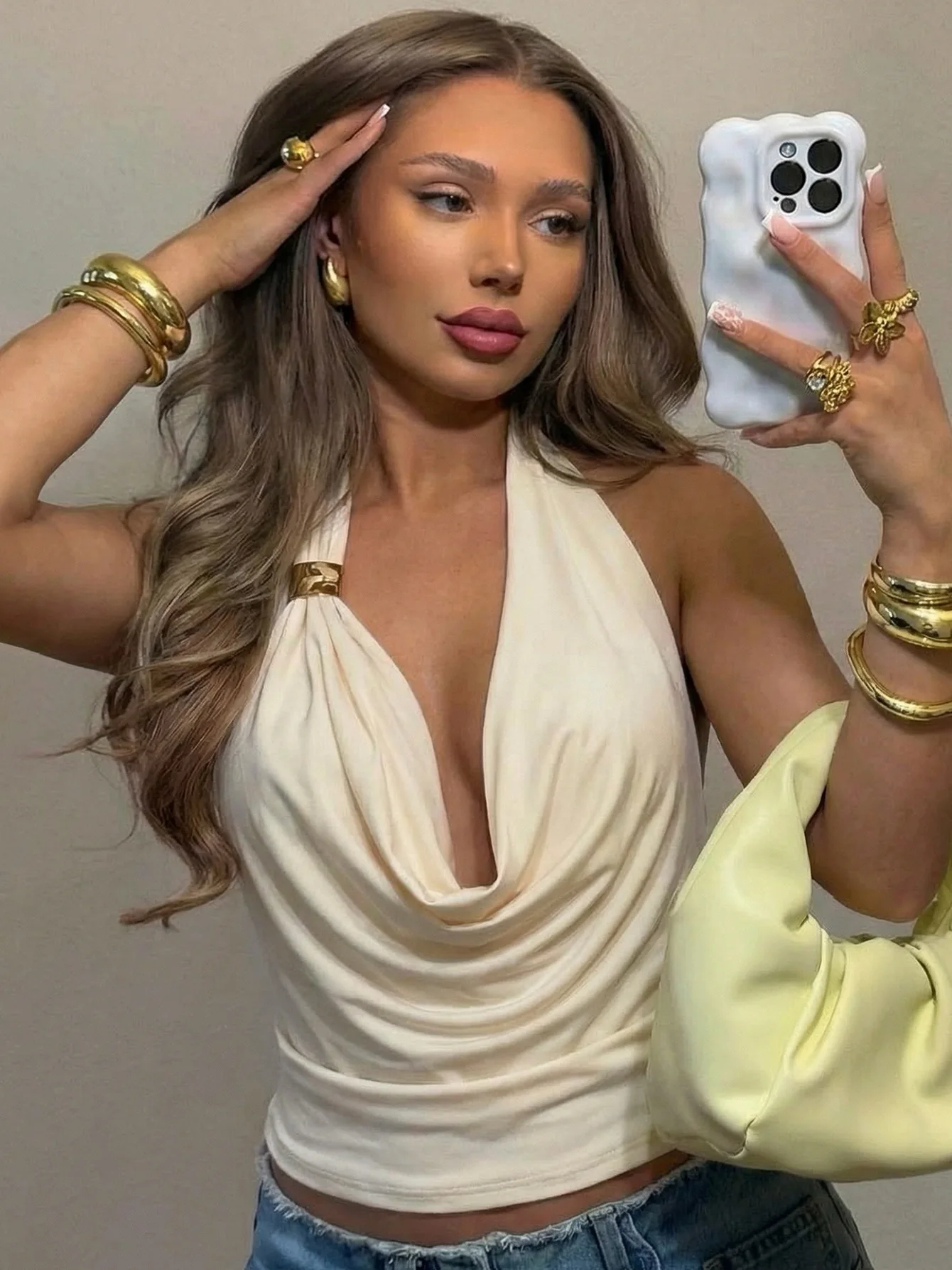 Elegant Solid Halter Top Women Sexy Deep V Metal Buckle Detail Sleeveless Backless Crop Tops Trendy Y2K Club Party Clothes