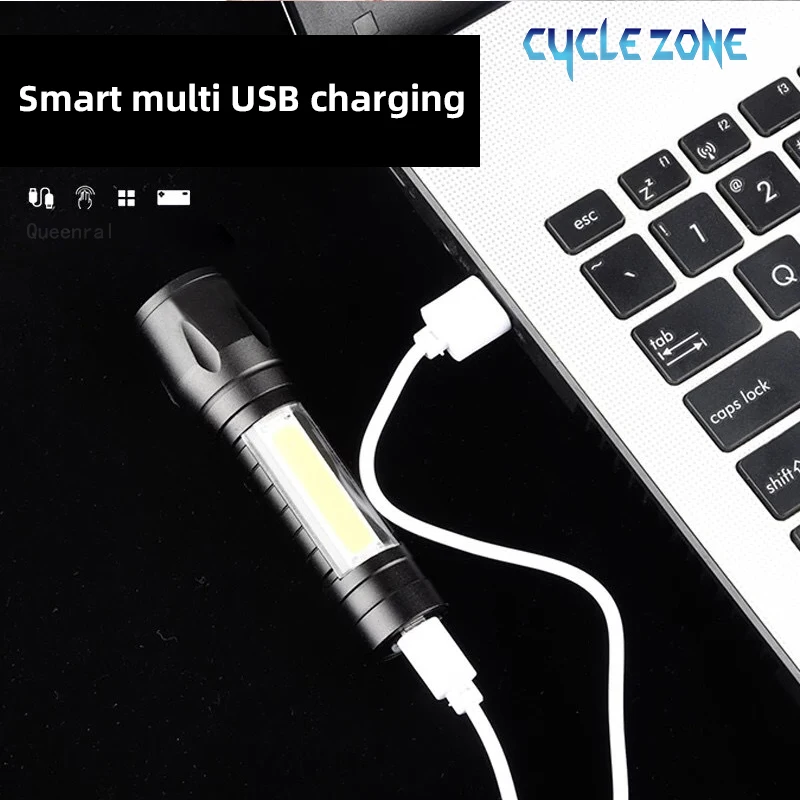 Mini Zoom LED lampe de poche pêche en plein air et équipement d'équitation réglable stylo électrique lumière USB Rechargeable torche Camping outils