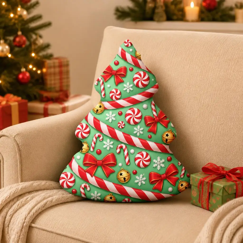 Christmas Tree Shaped Plush Stuffed Pillow Candy Cane Peppermint Throw Cushion Holiday Home Decor Gift for Kids and Adults