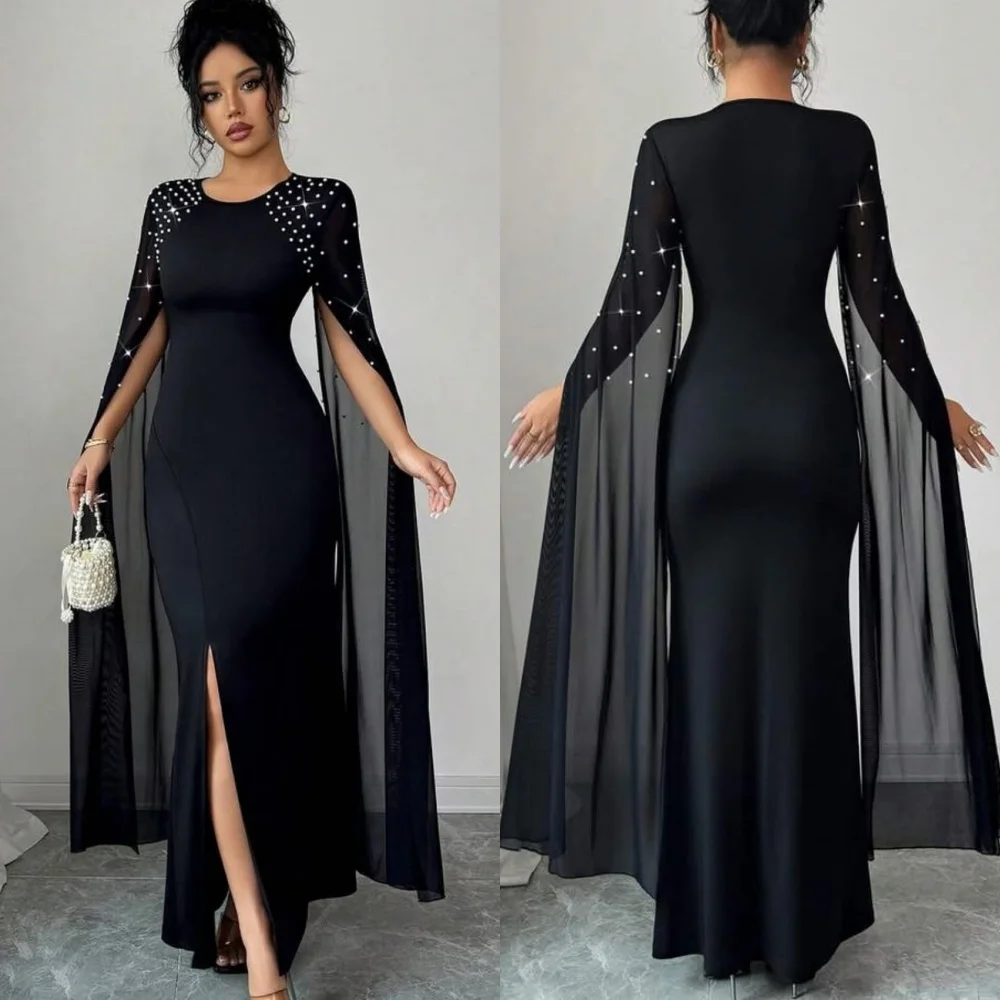 

Customized High Quality Elegant Jersey Pearl Pleat Mermaid Scoop Neck Long Dresses Evening Dresses Sizes Available Modern Style