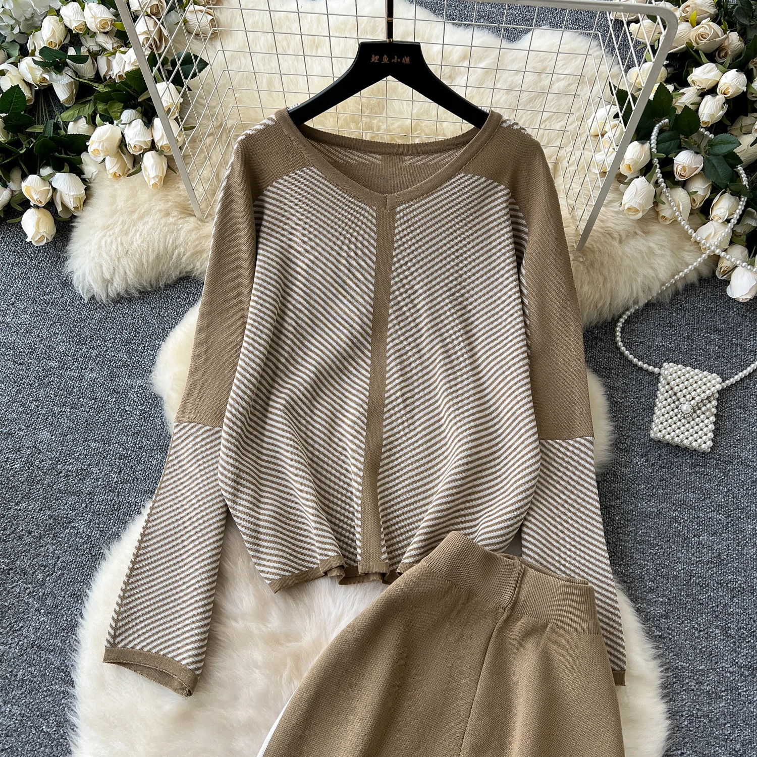Women Knit Two Pieces Set Zipper Batwing Sleeve Knitted Cardigan + High Waist Long Pants Clothing Suits