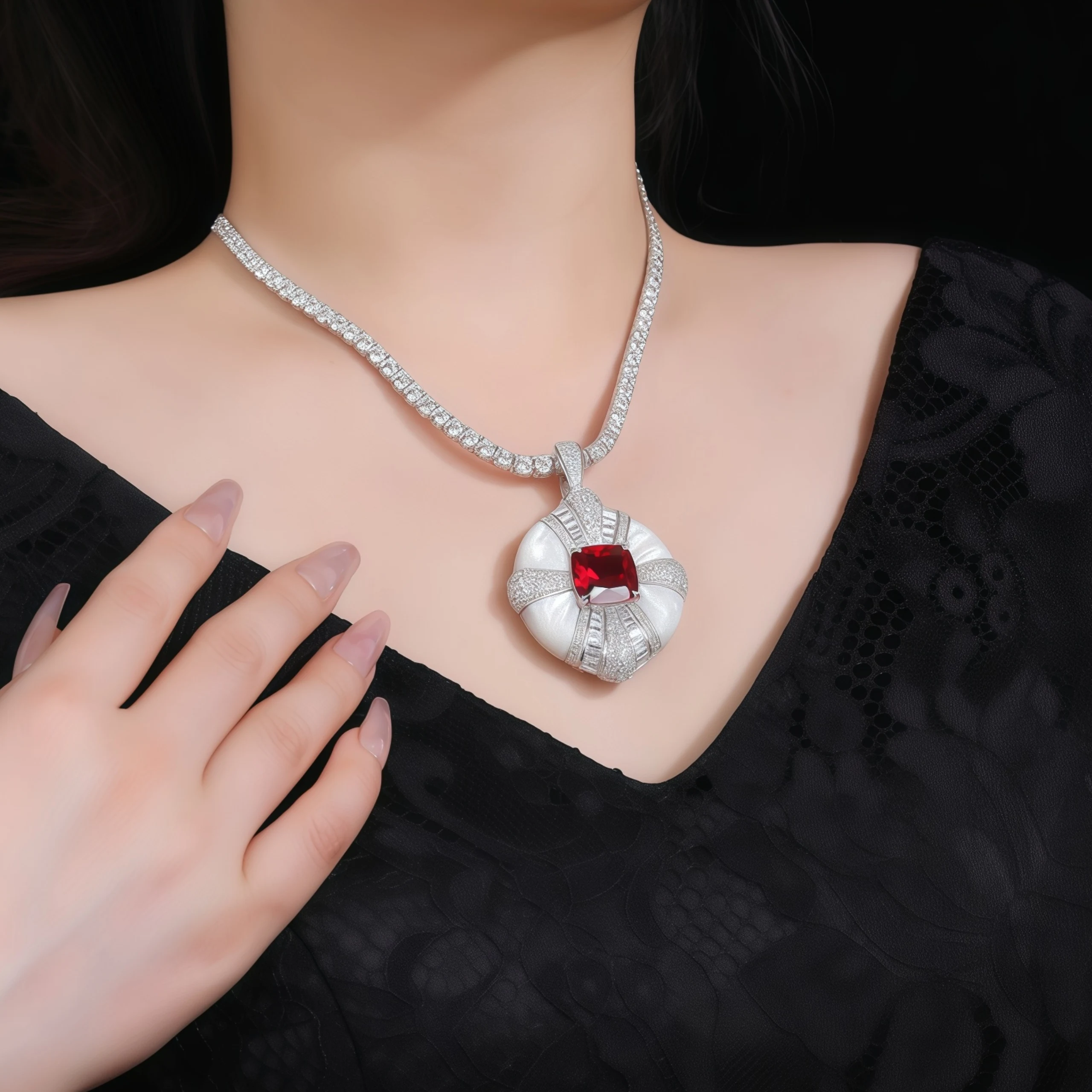 WINKINWINSIN العلامة التجارية MST روبي S925 فضة المرأة قلادة مطلي مع البلاتين الراقية الرجعية شهادة قلادة