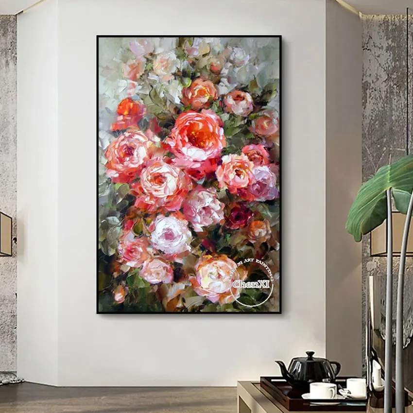 Classical Art Abstract Knife Handmade Rose Flowers Oil Painting Canvas Wall Picture Hot Selling Home Decoration Murals Artwork