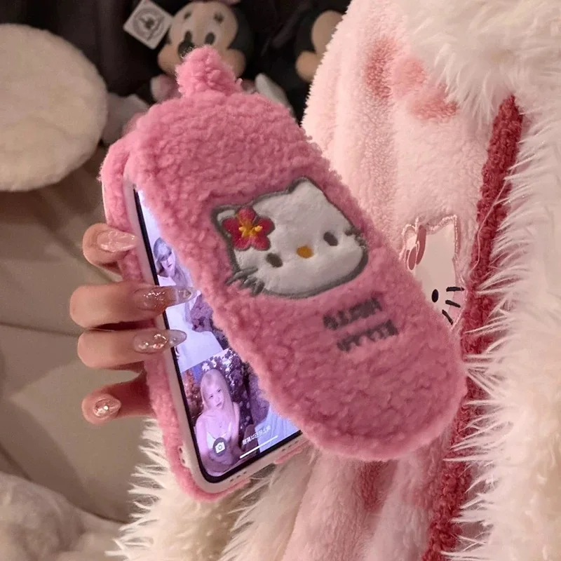 

Cute Plush Hello Kitty Mirror What About Cashmere Wool Warmth Flip Phone Case For iPhone 12 13 14 15 16 Pro Max KT Lovely Furry