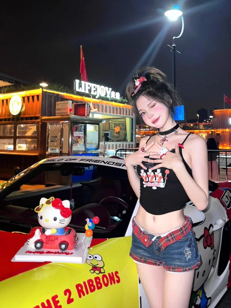 Y2K Millennium Style Spicy Girl Plaid Patchwork Cuffed Low Waist Denim Super Short Summer New Wrap around Hot Shorts