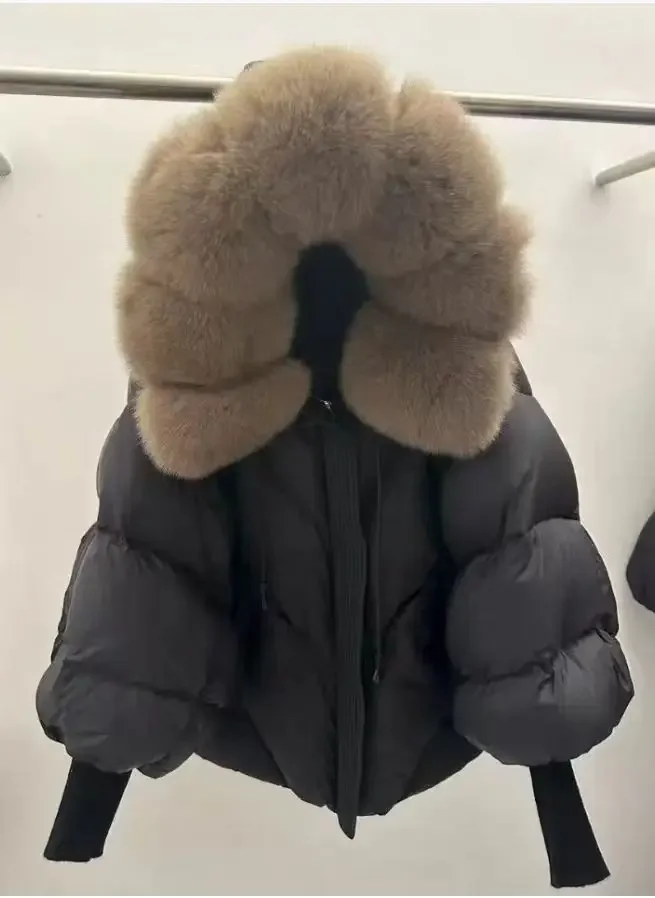Abrigo de plumón de pato blanco de piel grande para mujer, chaqueta acolchada con capucha de piel auténtica, Parka gruesa y cálida de manga de punto, novedad de invierno de 2026