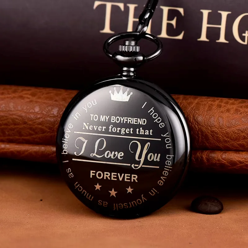 Orologio da tasca con design a corona Orologio da tasca al quarzo con superficie di lettere inglesi Catena in vita Orologio da appendere a catena Orologio da tasca in lega nera