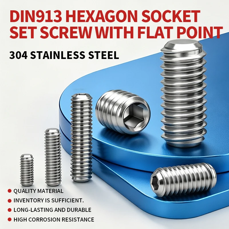 A2-70 304 Stainless Steel Hex Socket Flat Point Grub Screws DIN913 Headless Allen Set Screws M1.6 M2 M2.5 M3 M4 M5 M6 M8 M10
