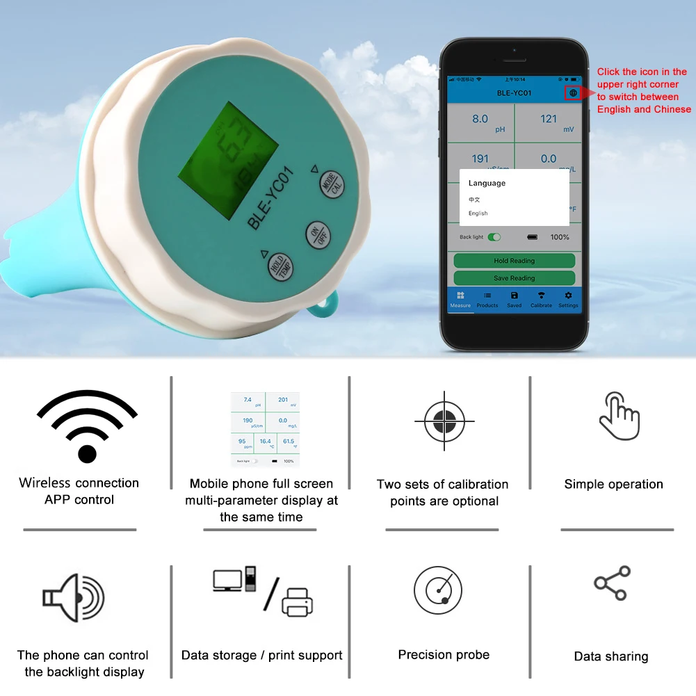 6-in-1 Digital Water Tester PH/ORP/EC/TDS Water Monitor Testing Backlit LCD Display Smart Equipment for Home Swimming Pool