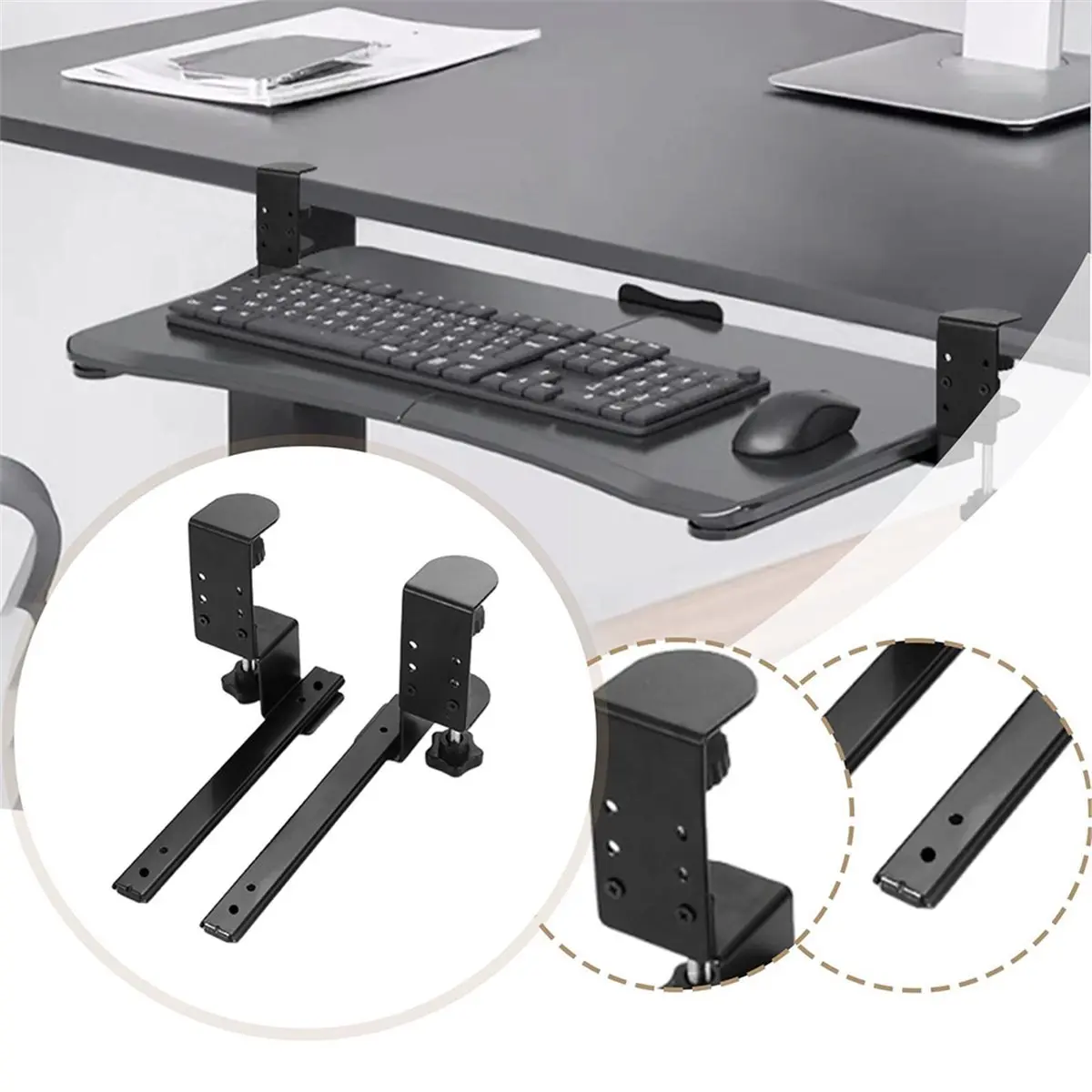 goodidea 2 Pcs No-Drill Adjustable Keyboard Tray Sliding Rails for Computer Desk/Office Desk Silent Weight-Bearing Design