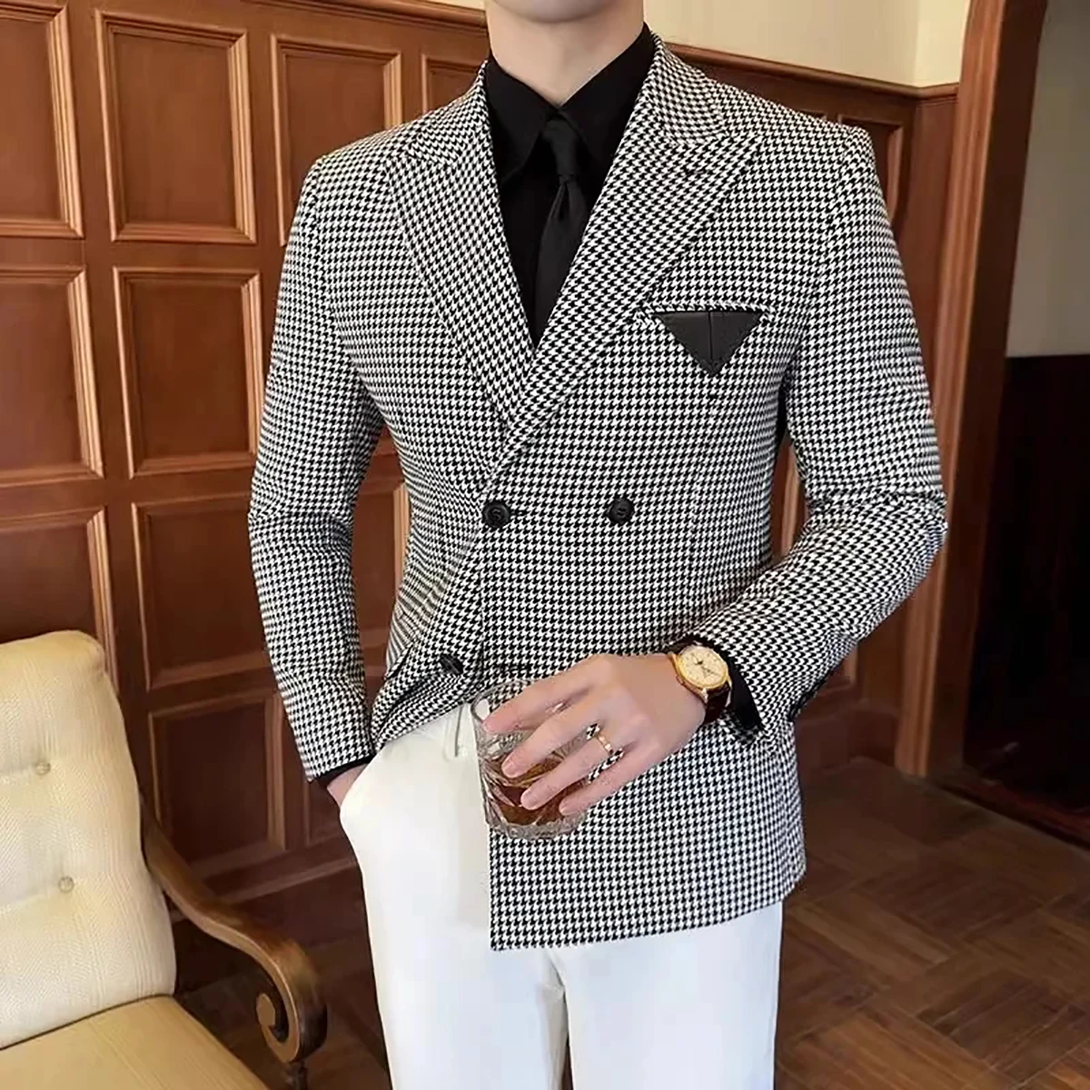 Setelan pernikahan kasual Pria Houndstooth kerah Peaked pengantin pria pakaian bisnis Tuxedo 2 potong jaket celana dibuat sesuai pesanan