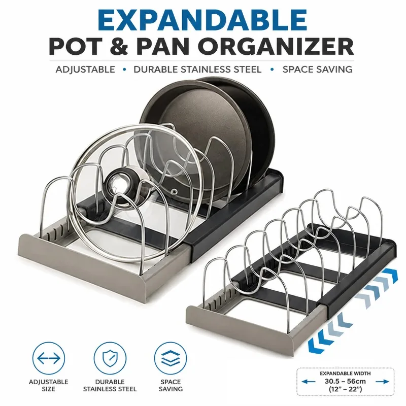 1 Pcs Expandable Stainless Steel Storage Rack Kitchen Cabinet Holder for Pan Pot Lid Cutting Board Cookware Dish Organizer