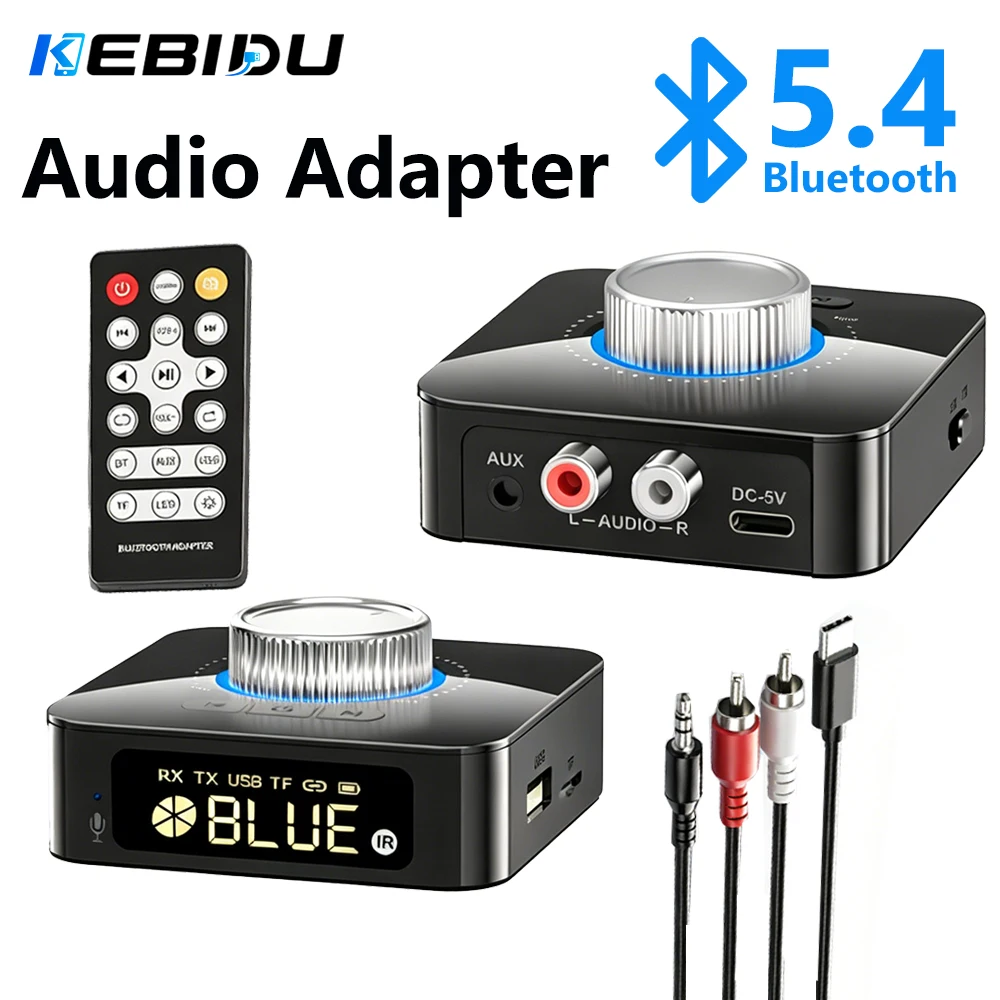 KEBIDU Bluetooth 5.4 Audio-Adapter Empfänger Sender Stereo 3,5mm AUX RCA Kabelloser Musik-Adapter LED-Anzeige für Auto und Zuhause