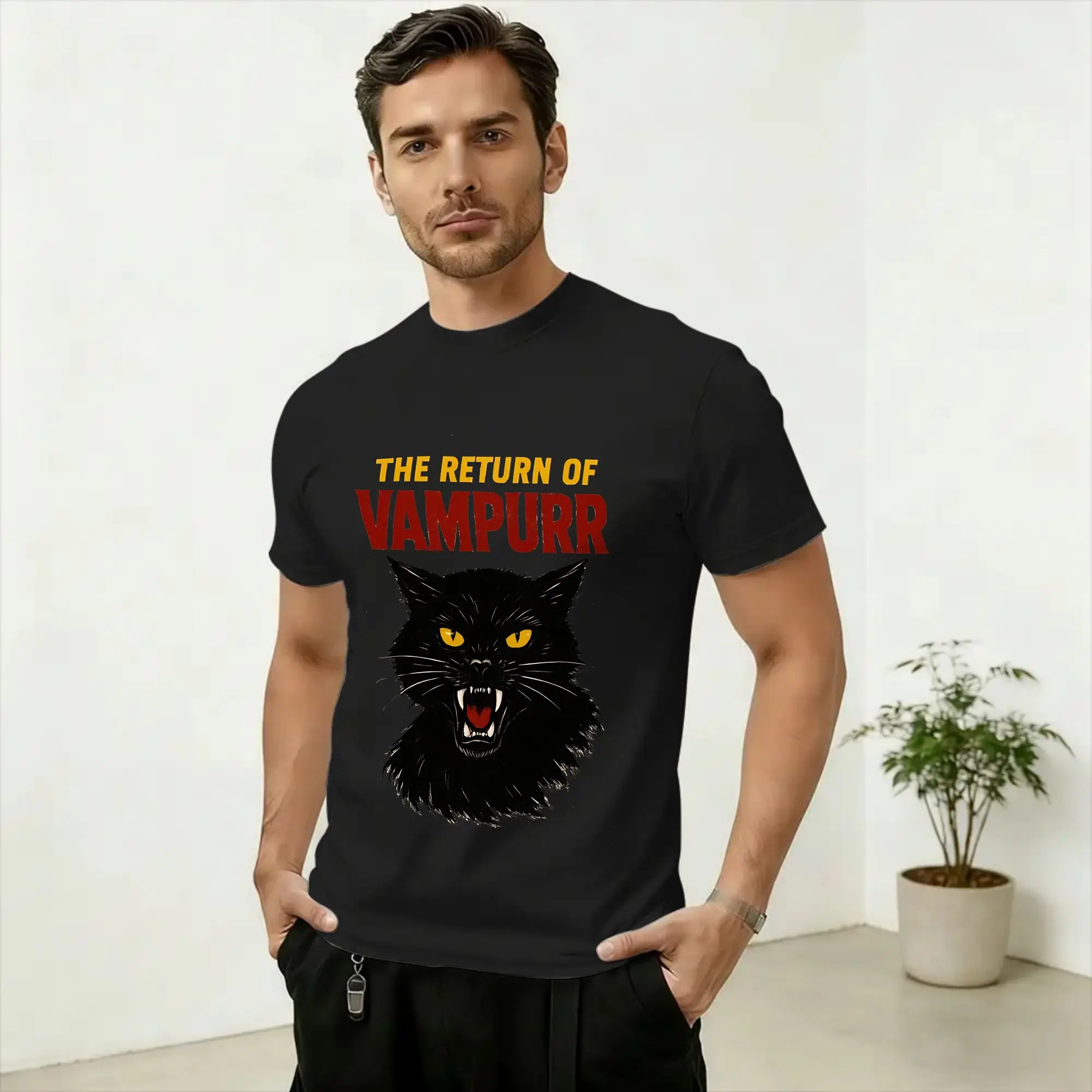 Men's T-Shirts The Return of Vampurr Novelty Pure Cotton Tee Shirt Short Sleeve Funny Cat T Shirts O Neck Clothing New Arrival