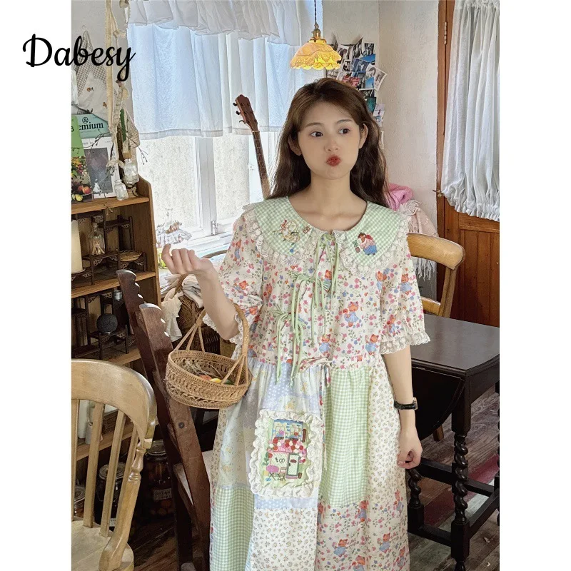 Vintage Green Plaid Patchwork Cotton Linen Dress Women Summer Japan Peter Pan Collar Lace-up Kawaii Dress Casual Female Vestidos