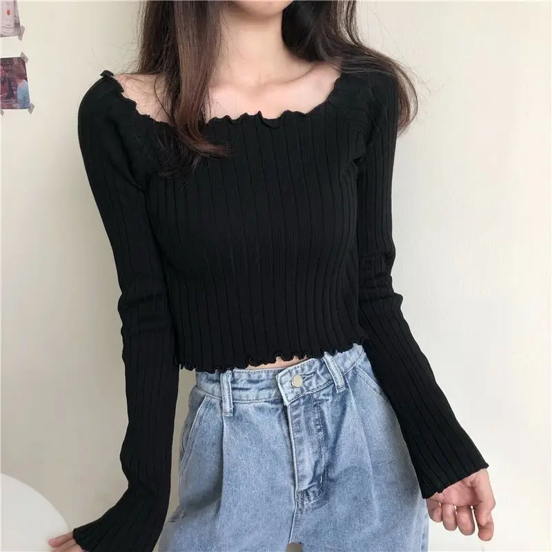 Fashion Solid Color Exposed Umbilicus Knitting Top Women New Long Sleeve Square Collar Flower Edge Temperament Pullover Sweaters