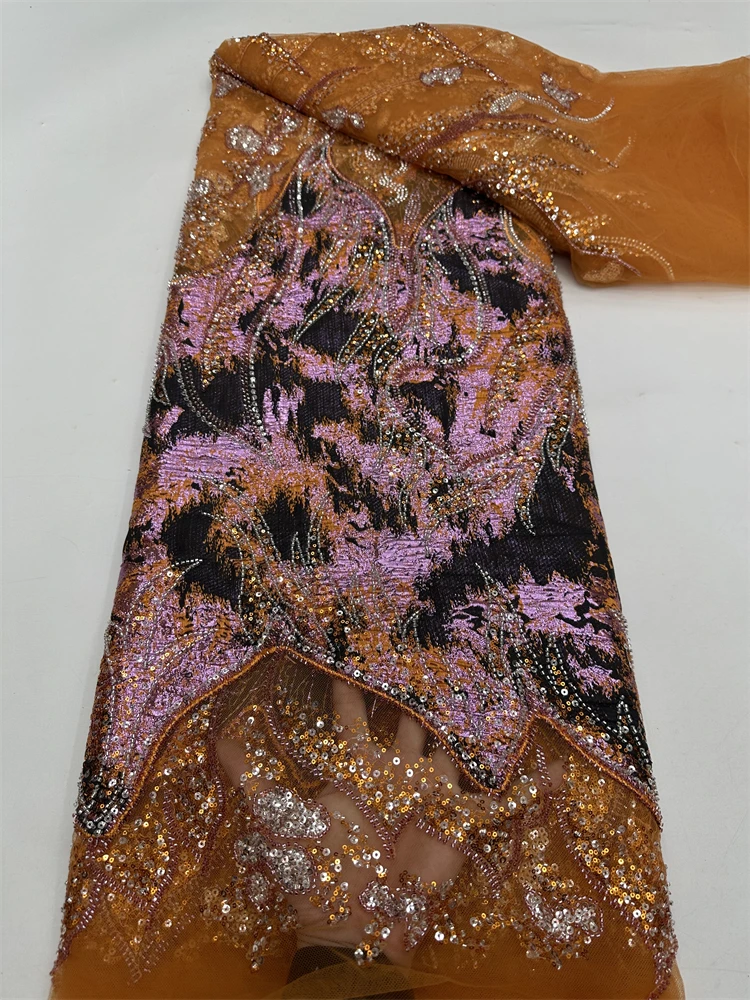 ผ้าลูกไม้ลวดลายแบบแอฟริกันล่าสุด ปี 2025 ผ้าลูกไม้ตาข่ายปักเลื่อมฝรั่งเศสหรูหรา ประดับด้วยลูกปัดทำมือคุณภาพสูงสำหรับชุดแต่งงาน