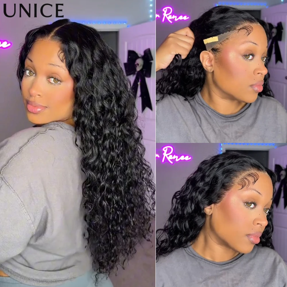 

Парик UNice 13x6 с кружевной передней частью, волнистый, с завязками, натуральный черный, 100% человеческие волосы, без клея