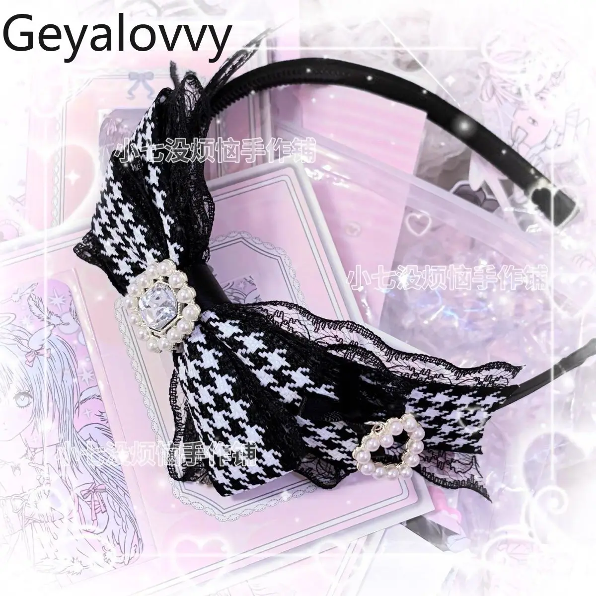 

Japanese-style Mass-produced Rhinestone Houndstooth Headband Sweet & Cute Girl's Bowknot Lace Hairband Lolita Headwear
