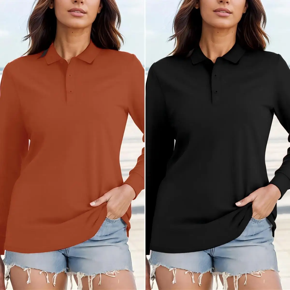 Dwuczęściowy zestaw damskich koszulek polo w jednolitym kolorze, koszulka z kołnierzykiem w stylu hip-hop, jesienne ubrania z długim rękawem, codzienne ubrania biznesowe dla kobiet.