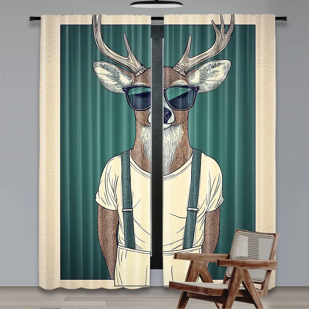 2Pcs Antlers Curtain Drawing Of Deer Dressed Up Modern Cool Hipster Fashion Creative Funny Animal Art Curtain A