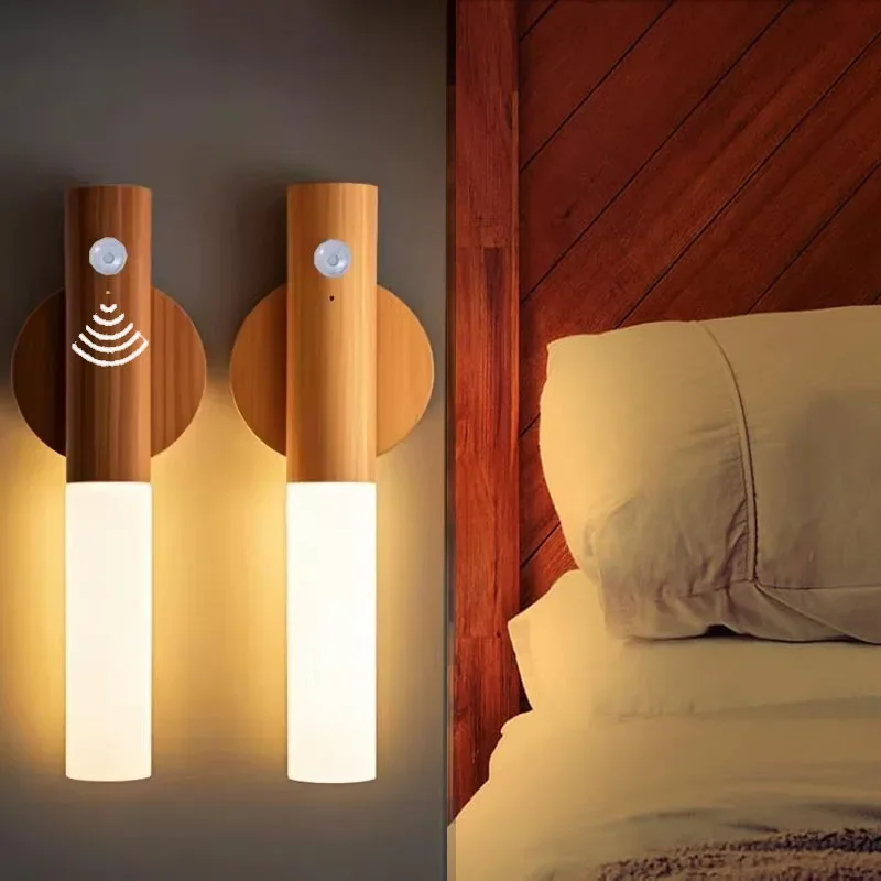 Smart Motion Sensor Night Light Rechargeable LED Wood Wall Lamp Atmosphere Light Portable Design for Corridor Bedroom Stairs