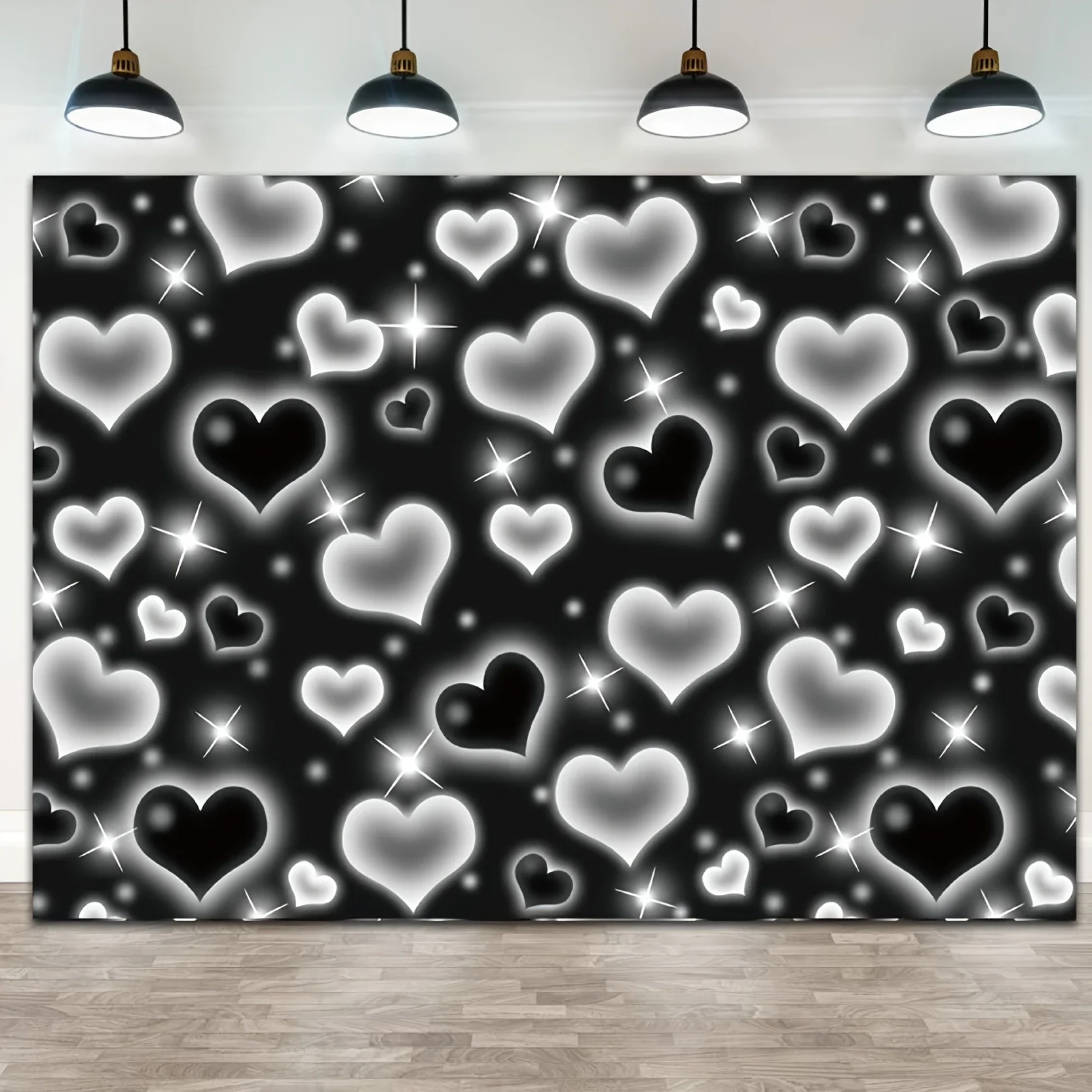 1 x schwarzer herzförmiger Fotohintergrund, frühe Partydekoration, altmodischer Hintergrund, Valentinstag, glitzernd, herzförmig