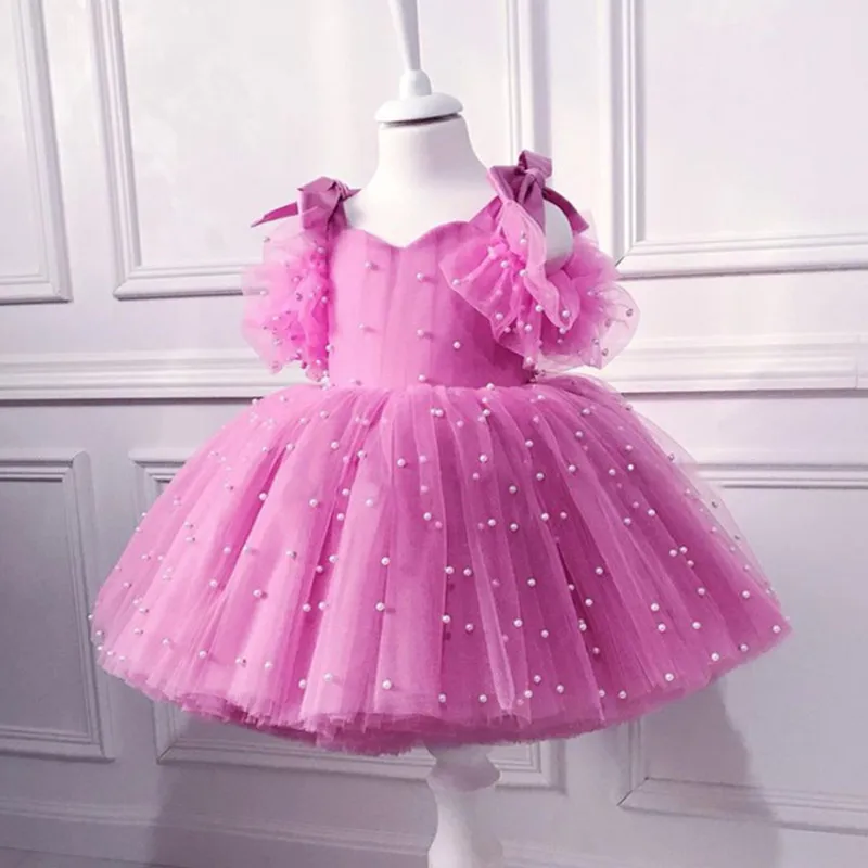 Sweet Kids Princess Dress Baby Girls Pearls Beading Bow Wedding Birthday Gown Children Summer Off-Shoulder Clothes 1 To 6 Years