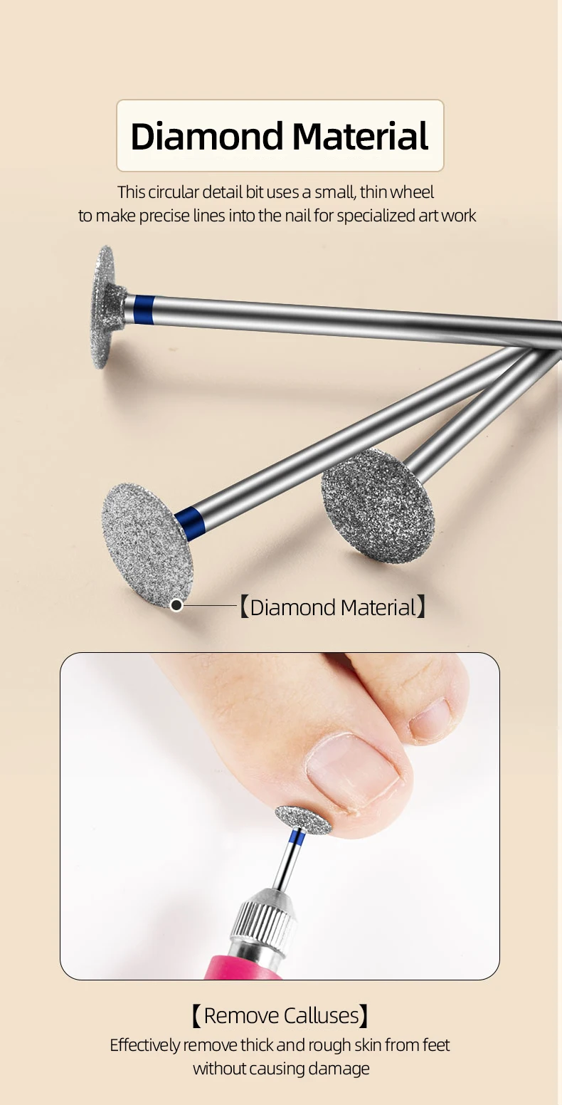 Diamond Nail Grinding Heads for Electric Drills Removable Polish/Cuticle Trim Bits Professional Manicure Pedicure Tool Flat Disk