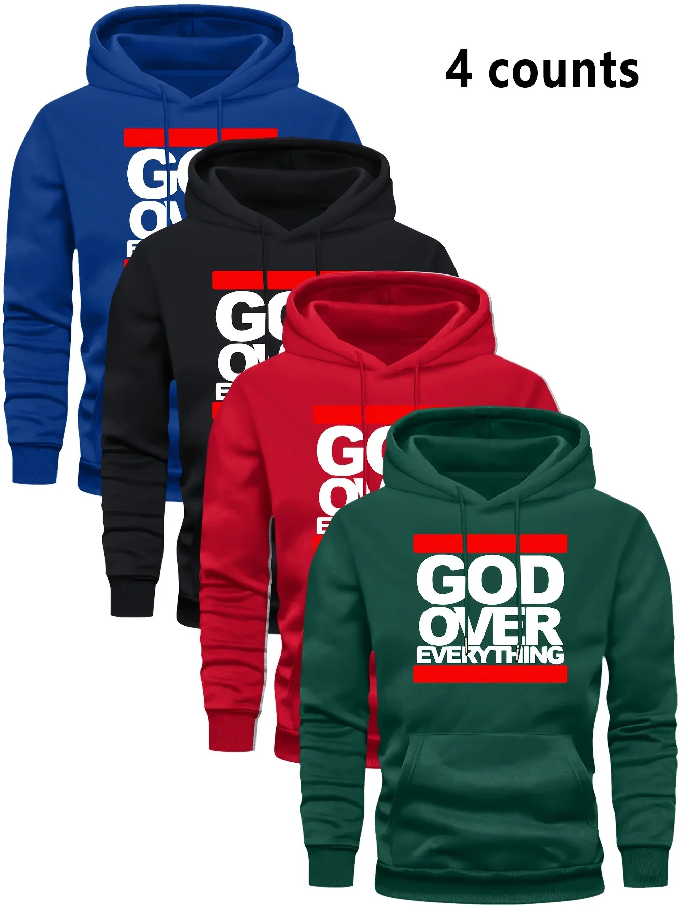 Men God Over Everything Letter Print Hoodie 4 Colors Set Pullover Hooded Sweatshirt Front Text Graphic Casual Streetwear Tops