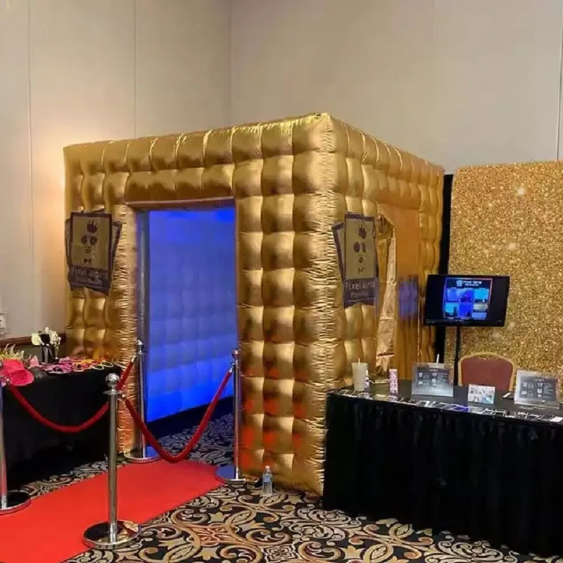 

Golden Led Inflatable Photo Booth Enclosure 2 Doors With Air Blower Photo Booth For Party Wedding Event Decoration